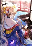  1girl absurdres bare_shoulders blue_kimono brown_hair flower from_behind hair_flower hair_ornament highres hirano_masatoshi holding japanese_clothes kimono long_hair looking_at_viewer looking_back nijisanji nui_sociere off_shoulder print_kimono reflection reflective_water sitting torii very_long_hair virtual_youtuber water yellow_eyes 