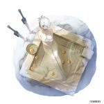  1girl ash_arms bathing breasts cleavage closed_mouth collarbone commentary_request copyright_notice covering_breasts covering_crotch covering_privates dagger faux_figurine food from_above fruit full_body hair_over_one_eye highres il-2m_(ash_arms) jewelry knife large_breasts light_blush looking_at_viewer naked_towel necklace official_art onsen orange_(fruit) planted planted_sword red_eyes short_hair siiqa_vivi sitting sitting_on_water snow solo sword tachi-e towel water_drop weapon white_hair 