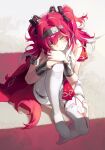  1girl absurdres ahchuh armlet black_bow bow closed_mouth commentary english_commentary hair_between_eyes hair_bow hairband headgear highres jewelry long_hair looking_at_viewer lupa_(wuthering_waves) metal_hairband multiple_hair_bows pink_hair smile solo wrist_guards wuthering_waves yellow_eyes 