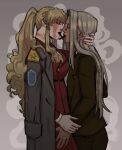  2girls absurdres asymmetrical_docking balalaika_(black_lagoon) black_lagoon blonde_hair breast_press breasts burn_scar cigar cigarette_kiss coat coat_on_shoulders commentary crossover dark-skinned_female dark_skin english_commentary eye_contact fingernails glasses grey_background hellsing highres integra_hellsing interracial jacket large_breasts long_hair looking_at_another multiple_girls nail_polish noses_touching ponytail red_coat red_jacket scar scar_on_face sharp_fingernails simple_background smoking trait_connection uio590 upper_body very_long_hair yuri 