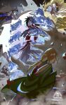  2girls 4boys a_(naruto) attack beard black_hair blonde_hair clenched_hand closed_mouth cracked_skin crossed_arms dark-skinned_male dark_skin facial_hair gaara_(naruto) gloves goatee gourd green_jacket hair_over_one_eye highres jacket lightning long_hair long_sleeves multiple_boys multiple_girls mustache naruto_(series) naruto_shippuuden old old_man oonoki_(naruto) open_mouth red_hair rinnegan sand short_hair sssiii7610 susanoo_(naruto) terumi_mei tsunade_(naruto) twintails twitter_username uchiha_madara very_long_hair 