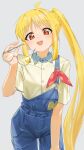  1girl ahoge blonde_hair blue_overalls bocchi_the_rock! bow commentary detached_ahoge eltir highres holding holding_removed_eyewear ijichi_nijika long_hair looking_at_viewer overall_shorts overalls polka_dot polka_dot_bow red_bow red_eyes shirt short_sleeves side_ponytail simple_background smile solo teeth unworn_eyewear upper_teeth_only yellow_shirt 