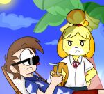 2020 4_fingers animal_crossing anthro banana bangs bell_hair_tie bent_arm beverage black_eyes black_eyewear black_nose black_sunglasses blonde_hair blue_bottomwear blue_clothing blue_dress_shirt blue_skirt blue_sky bottomwear brown_hair button_(fastener) canid canine canis chair closed_frown clothed clothed_anthro clothed_female clothed_human clothed_male clothing cloud colored cookieboy011 digital_drawing_(artwork) digital_media_(artwork) domestic_dog drinking_straw duo english_description eye_contact eyebrow_through_hair eyebrows eyewear facial_markings female female_anthro fingers floppy_ears food frown frowning_at_another fruit fully_clothed fully_clothed_anthro fully_clothed_female fully_clothed_human fully_clothed_male fur furniture hair head_markings holding_beverage holding_clothing holding_object human isabelle_(animal_crossing) light lighting looking_at_another lop_ears male male_human mammal markings mouth_closed multicolored_hair nintendo on_chair orange_ears orange_hair outside palm_tree plant ponytail pupils red_bottomwear red_clothing red_hair_tie red_nose red_shorts shaded shih_tzu short_hair shorts skirt sky standing story story_in_description sun sunglasses tan_body tan_skin thin_eyebrows toy_dog translucent translucent_hair tree two_tone_hair villager_(animal_crossing) white_dress_shirt white_markings white_pupils yellow_body yellow_fur