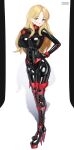  1girl absurdres aqua_eyes black_bodysuit black_corset blonde_hair bodysuit boots breasts collar corset cuffs full_body garter_straps hand_on_own_hip high_heel_boots high_heels highres lace-up_boots large_breasts latex latex_bodysuit lipstick long_hair looking_at_viewer maguro27 makeup microphone mole mole_under_mouth original platform_heels shadow shiny_clothes skin_tight skindentation solo standing sweat thigh_boots 