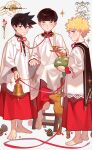  3boys absurdres barefoot bell black_cape black_eyes black_hair black_jacket blue_eyes blunt_bangs broccoli brothers buttons candle candlestand cape cassock chain christmas commentary english_commentary fire food gakuran gold_chain hair_between_eyes hanazawa_teruki high_collar highres holding holding_candlestand holding_food holding_hands holding_vegetable jacket jingle_bell kageyama_ritsu kageyama_shigeo knee_up lace_trim ladder layered_clothes layered_sleeves lingshi_reishi looking_at_viewer looking_to_the_side male_focus merry_christmas mob_psycho_100 multiple_boys neck_ribbon parted_lips pinecone poncho print_cape profile red_ribbon red_robe reindeer ribbon robe school_uniform short_hair siblings sitting spiked_hair standing star_(symbol) star_print stepladder swept_bangs toes vegetable white_background 