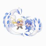  2boys blue_jacket chibi chibi_only clenched_hands commentary_request ethan_(arc_suit)_(pokemon) ethan_(pokemon) ethan_(sygna_suit)_(pokemon) fingerless_gloves gloves goggles goggles_on_head hand_up hat highres jacket long_sleeves lugia male_focus multiple_boys official_alternate_costume open_mouth pants pokemon pokemon_(creature) pokemon_masters_ex shirt shoes short_hair simple_background standing tan_carbonnn teeth upper_teeth_only white_background 