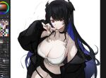  1girl :| art_program_in_frame black_hair black_jacket black_shoes bra breasts cleavage closed_mouth colored_inner_hair corset cowboy_shot from_above hand_on_own_chin headband hololive hololive_english jacket jacket_partially_removed large_breasts long_hair looking_at_viewer multicolored_hair nerissa_ravencroft red_eyes shoes short_shorts shorts sidelocks simple_background solo spaghetti_strap underwear very_long_hair virtual_youtuber white_background yoimon 