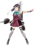  1girl adapted_turret ahoge anti-aircraft_gun aqua_bow aqua_bowtie asymmetrical_bangs black_hair bow bowtie breasts brown_gloves collared_shirt cut_bangs dress_shirt fingerless_gloves fujikawa fujinami_(kancolle) fujinami_kai_ni_(kancolle) full_body gloves grey_thighhighs grin hair_ribbon kantai_collection medium_hair official_art open_hand purple_skirt purple_vest ribbon school_uniform seamed_legwear ship_turret shirt short_sleeves side-seamed_legwear side_ponytail skirt small_breasts smile solo summer_uniform thighhighs torpedo transparent_background type_96_aa_gun vest white_ribbon white_shirt yellow_eyes 