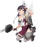  1girl adapted_turret ahoge anti-aircraft_gun aqua_bow aqua_bowtie asymmetrical_bangs black_hair bow bowtie bra breasts collared_shirt cut_bangs dress_shirt fujikawa fujinami_(kancolle) fujinami_kai_ni_(kancolle) full_body grey_bra grey_thighhighs hair_ribbon kantai_collection kneeling medium_hair official_art pleated_skirt purple_skirt ribbon school_uniform seamed_legwear ship_turret shirt side-seamed_legwear side_ponytail skirt small_breasts smile solo summer_uniform thighhighs torn_clothes torn_shirt torn_skirt torpedo transparent_background type_96_aa_gun underwear white_ribbon white_shirt yellow_eyes 