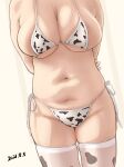  1girl absurdres animal_print arms_behind_back bikini breasts cleavage cow_print etuzan_jakusui head_out_of_frame highres large_breasts micro_bikini navel original solo swimsuit thighhighs white_background 