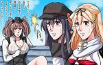  3girls absurdres akatsuki_(kancolle) anchor_symbol atlanta_(kancolle) bench black_headwear black_serafuku blonde_hair breasts brown_hair cleavage collarbone commentary_request flat_cap garrison_cap grey_eyes hair_flaps hat highres kantai_collection kentan_(kingtaiki) kuso_miso_technique large_breasts long_hair multiple_girls parody poi purple_eyes purple_hair red_eyes remodel_(kantai_collection) scarf school_uniform serafuku sitting style_parody translation_request two_side_up unbuttoned white_scarf yaranaika yuudachi_(kancolle) 