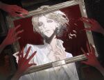  1boy 5others aged_down axis_powers_hetalia bleeding blonde_hair blood blood_on_face blood_on_hands france_(hetalia) highres injury looking_at_viewer male_focus multiple_others neck_injury picture_frame purple_eyes shilang240 shirt short_hair skull smile solo white_shirt 