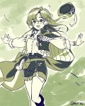  1girl :d absurdres alternate_hair_length alternate_hairstyle belt belt_pouch boots cape collared_shirt feet_out_of_frame green_theme hair_between_eyes hat hat_feather highres long_hair looking_at_viewer monochrome mossi_(mossi0816) newsboy_cap open_clothes open_mouth open_vest outstretched_arms pantyhose pouch recoleta_(reverse:1999) reverse:1999 shirt short_shorts shorts smile solo spread_arms twitter_username unworn_hat unworn_headwear vest wind 