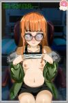  1girl ahoge averting_eyes bed bedroom biting_own_lip black_shorts breasts brown_eyes chair chat_log clothes_lift collarbone dark_room dokuboru english_text facing_viewer fur-trimmed_jacket fur_trim gaming_chair glasses green_jacket jacket lifting_own_clothes livestream navel nipples orange_hair persona persona_5 pillow sakura_futaba shirt_lift short_shorts shorts sitting small_breasts solo stomach swivel_chair 