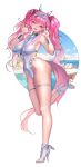  1girl absurdres animal_ears beach_umbrella black_ribbon blue_sky border bracelet breasts claw_pose cloud cloudy_sky covered_navel covered_nipples eyebrows_hidden_by_hair eyes_visible_through_hair fake_animal_ears fang hair_ribbon hairband high_heels highleg highleg_one-piece_swimsuit highres ina_(mikamixx) jewelry large_breasts leg_up looking_at_viewer lupa_(wuthering_waves) ocean one-piece_swimsuit outside_border pink_hair pool ribbon silver_bracelet sky slit_pupils smile solo standing summer swimsuit tail thigh_strap thighs turtleneck turtleneck_one-piece_swimsuit twintails umbrella white_background white_border white_hairband white_one-piece_swimsuit wolf_ears wolf_girl wolf_tail wuthering_waves yellow_eyes 