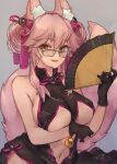  1girl animal_ears black_gloves breasts center_opening china_dress chinese_clothes dress fate/grand_order fate_(series) fox_ears fox_tail glasses gloves hand_fan highres koyanskaya_(fate) large_breasts navel pink_hair tail tamamo_(fate) underboob yellow_eyes yok01 
