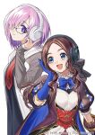  :d asamitsu_(n_morninglight) black-framed_eyewear black_bow black_dress blue_bow blue_eyes blue_gloves bob_cut bow bowtie brown_hair closed_mouth commentary_request copyright_notice dress elbow_gloves fate/grand_order fate_(series) glasses gloves grey_sleeves hair_bow hair_over_one_eye hand_on_headphones hand_up headphones hood hood_down hooded_jacket jacket leonardo_da_vinci_(fate) leonardo_da_vinci_(rider)_(fate) leonardo_da_vinci_(rider)_(first_ascension)_(fate) long_hair looking_at_another looking_to_the_side mash_kyrielight necktie official_art open_clothes open_jacket open_mouth parted_bangs pink_hair puff_and_slash_sleeves puffy_short_sleeves puffy_sleeves purple_eyes raglan_sleeves red_necktie short_hair short_sleeves simple_background sleeves_past_wrists smile sony white_background white_jacket zipper 