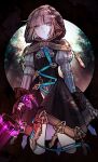  1boy absurdres bangs black_background brown_gloves brown_hair brown_hood closed_mouth crossdressing fingerless_gloves gloves green_eyes gretel_(sinoalice) highres holding holding_sword holding_weapon long_sleeves looking_at_viewer male_focus otoko_no_ko short_hair sinoalice solo sword towada-san_(thank39) weapon 