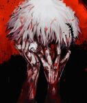  1boy black_sclera black_shirt bleeding blood blood_from_eyes blood_in_hair blood_on_face blood_on_hands centipede_print colored_sclera grey_eyes hand_on_own_arm hands_on_own_face heterochromia highres injury kaneki_ken male_focus mismatched_sclera red_background red_eyes shirt short_hair solo tokyo_ghoul white_hair xa8uofivf2mcart 