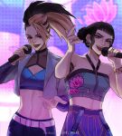  2girls absurdres akali belt black_hair blonde_hair bracelet breasts brown_eyes cleavage collarbone crop_top cropped_jacket crossover earrings hair_bun highres holding holding_microphone jewelry k/da_(league_of_legends) k/da_all_out_akali kpop_demon_hunters league_of_legends looking_at_viewer microphone midriff multiple_girls navel open_mouth pants pink_nails ponytail rapping red_lips shori_shisho short_hair small_breasts stomach suspenders trait_connection v-shaped_eyebrows white_belt zoey_(kpop_demon_hunters) 
