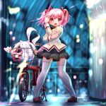  1girl :3 henshin_pose highres kaname_madoka kneehighs kyubey looking_at_viewer magia_record:_mahou_shoujo_madoka_magica_gaiden mahou_shoujo_madoka_magica nanami_nanao open_mouth pink_eyes pink_hair pose red_eyes school_uniform short_hair short_twintails soul_gem twintails white_legwear 