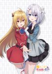  2girls absurdres ahoge anime_coloring blonde_hair blue_bow blue_bowtie blue_eyes blush bow bowtie breasts clenched_hand cone_hair_bun cowboy_shot garter_straps green_jacket grey_hair hair_between_eyes hair_bun hair_ornament hairclip highres hikikomari_kyuuketsuki_no_monmon jacket large_breasts long_hair long_sleeves looking_at_viewer multiple_girls neckerchief open_hand open_mouth outstretched_arm outstretched_hand palms parallel_hairclips purple_neckerchief reaching reaching_towards_viewer red_eyes red_jacket sakuna_memoire shitaya_tomoyuki short_hair skirt small_breasts smile spread_fingers terakomari_gandezblood thighhighs thighs white_garter_straps white_thighhighs 