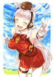  1girl animal_ears bare_shoulders blue_ribbon blue_sky blush bow bowtie breasts closed_eyes cloud commentary_request day double_w dress ear_ribbon facing_viewer gloves gold_ship_(umamusume) grass grey_hair hat highres horse_ears horse_girl horse_tail kiguchiko large_breasts long_hair open_mouth outdoors pantyhose red_bow red_bowtie red_dress ribbon shirt sky sleeveless sleeveless_shirt solo tail thigh_strap umamusume w white_gloves white_pantyhose 