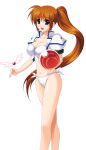  1girl absurdres ball bikini blue_eyes breasts brown_hair cleavage commentary cropped_jacket feet_out_of_frame front-tie_bikini_top front-tie_top higa_yukari highres holding holding_ball jacket large_breasts long_hair looking_at_viewer lyrical_nanoha mahou_shoujo_lyrical_nanoha_strikers navel open_mouth raising_heart raising_heart_(standby_mode) short_sleeves side-tie_bikini_bottom simple_background smile solo standing swimsuit takamachi_nanoha thighs very_long_hair white_background white_bikini white_jacket 
