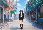  1girl belt black_hair black_jacket black_skirt boots fashion idolmaster idolmaster_shiny_colors jacket mayuzumi_fuyuko official_art road road_sign shirt shop sign skirt sky standing street white_shirt 