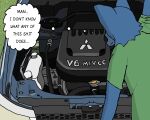 5:4 ambiguous_gender anthro biped black_text blue_body blue_fur canid car clothing confusion engine english_text fur grass green_clothing green_shirt green_t-shirt green_topwear hi_res holding_object mammal mitsubishi pipe plant profanity rear_view runchkin shirt solo t-shirt text thought_bubble topwear vehicle