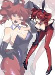  1girl ahoge alternate_costume animal_ear_hairband animal_ears artist_name black_gloves black_hairband black_leotard black_shoes blush breasts cleavage drill_hair elbow_gloves fake_animal_ears gloves hairband hand_on_own_hip highres kasane_teto large_breasts leotard one_eye_closed open_mouth pantyhose red_eyes red_hair red_pantyhose satoro301 shoes smile solo sweat twin_drills utau 