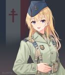  1girl absurdres ammunition_pouch artist_name belt blonde_hair blue_eyes blue_hat brown_belt brown_necktie collared_shirt commentary flag_background free_french_flag french_army french_flag garrison_cap green_jacket green_shirt hat highres jacket leochan1202 long_hair long_sleeves looking_at_viewer military military_uniform necktie open_mouth original pouch shirt smile solo suspenders upper_body world_war_ii 