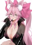 1girl animal_ear_fluff animal_ears bangs black_bodysuit blush bodysuit bow breasts center_opening choker cleavage fang fate/grand_order fate_(series) fox_ears fox_girl glasses hair_between_eyes hair_bow highres koyanskaya_(fate) large_breasts long_hair looking_at_viewer miya_star_saa open_mouth pink_bow pink_hair ponytail sidelocks smile solo tamamo_(fate) yellow_eyes 