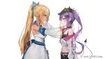  2girls black_hat blonde_hair bow breasts copyright_notice dark-skinned_female dark_skin demon_tail ear_piercing elf green_eyes hair_bow hair_ornament hairclip hat hololive izumi_kei large_breasts long_hair multicolored_hair multiple_girls piercing pointy_ears ponytail purple_hair red_eyes shiranui_flare simple_background streaked_hair tail tokoyami_towa twintails virtual_youtuber white_background white_hair 