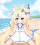  1boy 1girl :d ahoge animal_ear_fluff animal_ears bare_arms bare_legs beach blonde_hair blue_bow blue_bowtie blue_eyes blue_sailor_collar blue_scrunchie blue_sky blue_streaks blue_tail blush bow bowtie breast_pocket buttons cat_ears center-flap_bangs chinese_commentary clothed_female_nude_male cloud cloudy_sky commentary cowgirl_position day dress english_commentary fins fish_tail frilled_dress frilled_shirt_collar frills hair_bow hair_flaps hetero highres implied_sex indie_virtual_youtuber lifebuoy_hair_ornament lighthouse long_hair looking_at_viewer low_twintails mixed-language_commentary multicolored_hair multilingual_commentary nude ocean oldb one_side_up open_mouth outdoors paid_reward_available pocket pov pov_crotch public_indecency public_nudity sailor_collar sailor_dress sameko_saba scrunchie shore short_dress sky smile solo_focus straddling straight-on streaked_hair tail tareme twintails variant_set very_long_hair virtual_youtuber white_dress wrist_scrunchie 