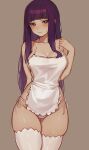  1girl apron arm_behind_back bikini bikini_bottom_only blunt_bangs blush breasts bright_pupils cleavage closed_mouth collarbone embarrassed eyebrows_hidden_by_hair eyes_visible_through_hair fern_(sousou_no_frieren) grey_background hand_on_own_shoulder lace-trimmed_bikini lace_trim large_breasts long_bangs long_hair looking_at_viewer meowrim purple_eyes purple_hair sideboob solo solo_focus sousou_no_frieren standing swimsuit thighhighs thighs very_long_hair white_apron white_bikini white_pupils white_thighhighs 