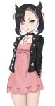  1girl ;o absurdres arms_behind_back asymmetrical_bangs black_choker black_hair black_jacket breasts choker cleavage cowboy_shot dress earrings green_eyes hair_ribbon highres jacket jewelry looking_at_viewer marnie_(pokemon) one_eye_closed perovi4 pink_dress pokemon pokemon_swsh ribbon short_dress simple_background small_breasts solo standing stud_earrings twintails undercut white_background 