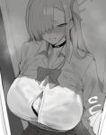  asuna_(blue_archive) asuna_(school_uniform)_(blue_archive) asymmetrical_bangs black_bra black_choker blue_archive bow bra bra_visible_through_clothes bralines breasts button_gap choker grin hair_over_one_eye hair_ribbon halo highres large_breasts long_hair ribbon school_uniform see-through_clothes see-through_shirt shirt skirt smile sweatdrop toma_(toma50) underwear very_long_hair wet wet_clothes wet_shirt white_shirt 