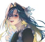  1girl :d apron asymmetrical_bangs black_dress black_hairband blonde_hair blue_eyes blue_hair colored_inner_hair dokseong dress frilled_apron frills from_side hair_intakes hairband long_hair multicolored_hair open_mouth portrait reverse:1999 smile solo teeth upper_teeth_only voyager_(reverse:1999) white_apron white_background 