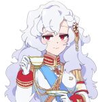  1girl aiguillette alpha_(alpha_1918) anime_coloring armband blue_sash buttons collar cross cross_pendant cup epaulettes findoworld fluffy fluffy_hair gloves gold_buttons gold_trim hair_ornament half-closed_eyes holding holding_cup light_blush lips long_hair looking_at_viewer military military_uniform non-web_source official_art original red_eyes russian_empire sash smirk solo sputnik_and_pogrom sticker tea teacup transparent transparent_background very_long_hair white_gloves white_hair 