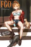  1girl bandeau bangs bare_shoulders blonde_hair boots braid breasts cat collarbone cutoffs fate/apocrypha fate_(series) food french_braid green_eyes hair_ornament hair_scrunchie highres jacket jewelry long_hair long_sleeves looking_at_viewer mordred_(fate) mordred_(fate/apocrypha) navel necklace off_shoulder open_clothes open_jacket parted_bangs ponytail popsicle red_jacket scrunchie sidelocks sitting small_breasts stairs tsugu0302 