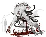  1other artist_self-insert bleeding blood blood_drip blood_from_eyes blood_on_ground blood_on_hands claws creature exposed_gusset gouged_eye highres leech looking_back open_mouth original pool_of_blood rearing sharp_teeth simple_background size_comparison stitches teeth tentacles white_background wolf yoimon 