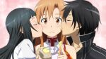  1boy 2girls asuna_(sao) blush cream double_cheek_kiss food food_on_face game_cg highres kirito kiss kissing_cheek long_hair multiple_girls sandwiched simple_background sword_art_online sword_art_online:_hollow_fragment yui_(sao) 