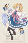  3girls absurdres alice_margatroid black_bow blonde_hair blue_dress blue_eyes boots bow brown_boots capelet closed_mouth commentary dress frilled_dress frilled_ribbon frills full_body grey_background hair_bow hairband highres lace-up_boots long_sleeves multiple_girls nikorashi-ka red_hairband red_ribbon ribbon shanghai_doll short_hair simple_background touhou watermark white_capelet 