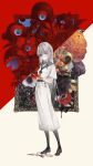  1girl absurdres belt black_eyes black_flower black_rose black_sailor_collar blister_pack blood blood_on_hands bouno_satoshi commentary_request disembodied_eye dripping flower full_body grey_eyes grey_hair heterochromia highres long_hair long_skirt original painting_(object) pale_skin pill red_flower rose sailor_collar shirt shoes short_sleeves skirt solo standing two-tone_background very_long_hair white_shirt white_skirt 