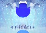  6+others ambiguous_gender arms_up ball blue_theme commentary_request crowd hands_up highres hood hood_up indoors kneeling kumomachi machinery multiple_others orb original own_hands_together people praying reflection robe science_fiction standing very_wide_shot 