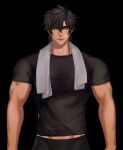  1boy bandaid bandaid_on_face black_shirt brown_hair ear_piercing highres indie_virtual_youtuber jouvru kite_hasegawa male_focus muscular muscular_male piercing shirt towel towel_around_neck yellow_eyes 