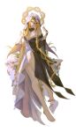  1girl black_collar blue_flower collar flower full_body genshin_impact halo hashtag-only_commentary highres orange_hair rhinedottir_(genshin_impact) robe s7nsles simple_background smile solo two-tone_robe white_background white_hood yellow_nails 