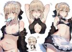  1girl apron armpits arms_behind_head arms_up artoria_pendragon_(alter_swimsuit_rider)_(fate) artoria_pendragon_(fate) bangs bare_shoulders bikini black_bikini black_jacket black_legwear black_ribbon black_skirt black_swimsuit blonde_hair blush braid breasts center_opening choker cleavage dress_swimsuit fate/grand_order fate_(series) food french_braid frilled_choker frills hair_bun hair_ribbon highres hood hooded_jacket inusaka jacket long_hair long_sleeves looking_at_viewer maid_bikini maid_headdress medium_breasts mouth_hold multiple_views navel open_clothes open_jacket popsicle ribbon sidelocks skirt sweat swimsuit thighhighs thighs waist_apron white_apron yellow_eyes 