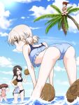  4girls aki_(girls_und_panzer) alisa_(girls_und_panzer) ass bangs bent_over bikini black_bikini blue_bikini blue_headwear blue_sky blunt_bangs blurry blurry_background brown_eyes brown_hair closed_mouth cloud cloudy_sky coconut commentary crotch_seam day depth_of_field drinking_straw droplet eyebrows_visible_through_hair frilled_bikini frills from_behind girls_und_panzer green_eyes hair_tie hat hat_removed headwear_removed highres holding holding_clothes holding_hat horizon key_(gaigaigai123) leaning_forward light_brown_hair long_hair looking_at_another looking_at_viewer looking_back low_twintails medium_hair mika_(girls_und_panzer) mikko_(girls_und_panzer) multiple_girls navel no_pants ocean one_eye_closed outdoors palm_tree pink_shirt red_bikini red_hair shirt short_hair short_twintails side-tie_bikini sitting sky sleeves_rolled_up smile solo_focus sparkle standing sweatdrop swimsuit tied_shirt tree twintails wading water wet 